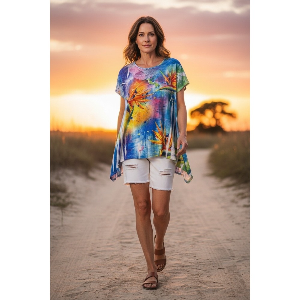 Impulse California Tunic Top Women Tropical Bird of Paradise Lace Sharkbite M